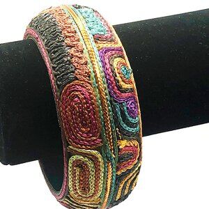 Embroidered boho bangle bracelet black multicolor thread wrapped India-inspired